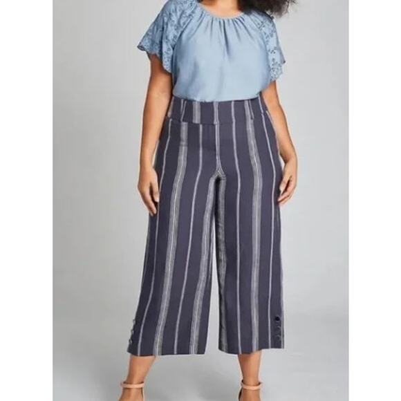 Lane Bryant The Laney Slate/Blue Stripe Linen Crop High Rise Wide Leg Pants - 24 - Picture 1 of 8